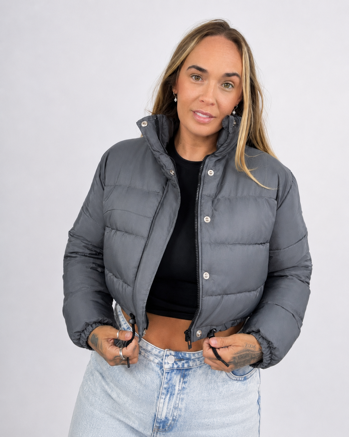 The KALÉA Luxe Cropped Puffer Jacket-DARK GREY