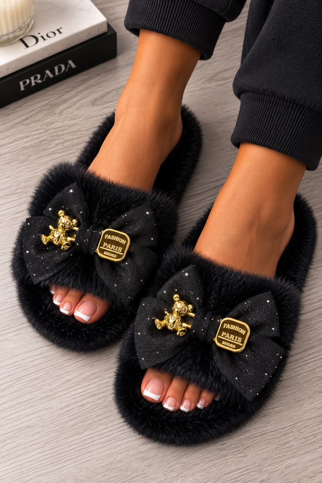KALÉA Luxe Bow Slippers -BLACK